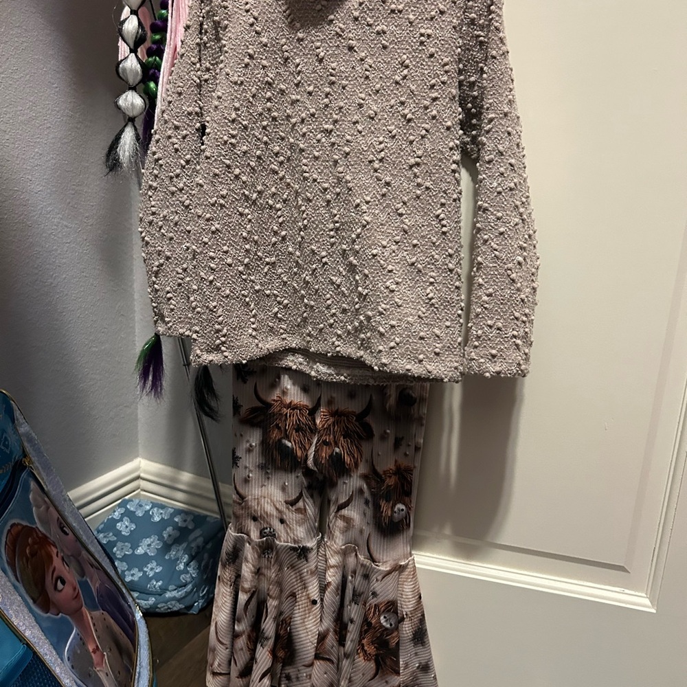 Textured Beige Sweater and Printed Skirt Set
